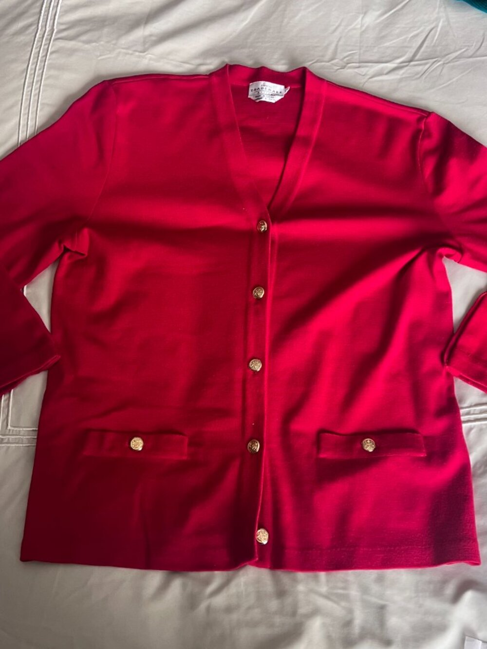 Red Pure Wool Cardigan with Gold Buttons
